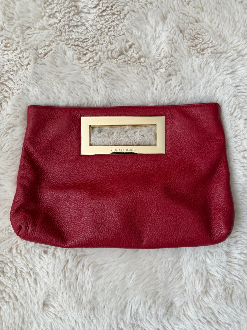 Michael Kors Red Pebbled Leather Clutch with Gold Accent Handle